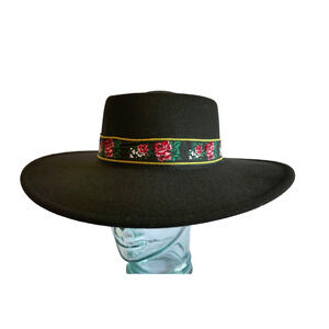 Black Boho Hat Wide Brim with Floral Band